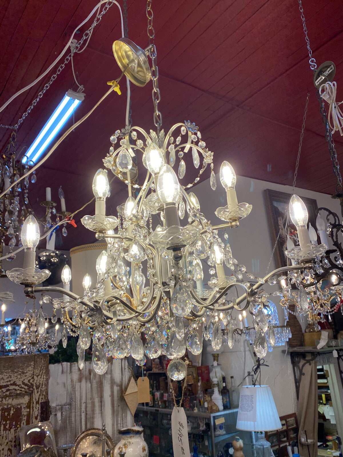 1950s mid century 10 arm silver and crystal chandelier 