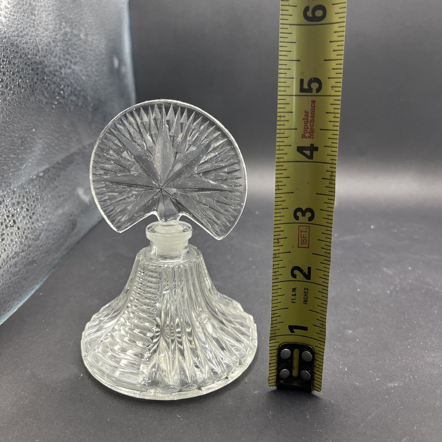 Art Deco Style Pressed Glass Perfume Bottle w/ Fan Star Stopper, Empty, Clear 5"