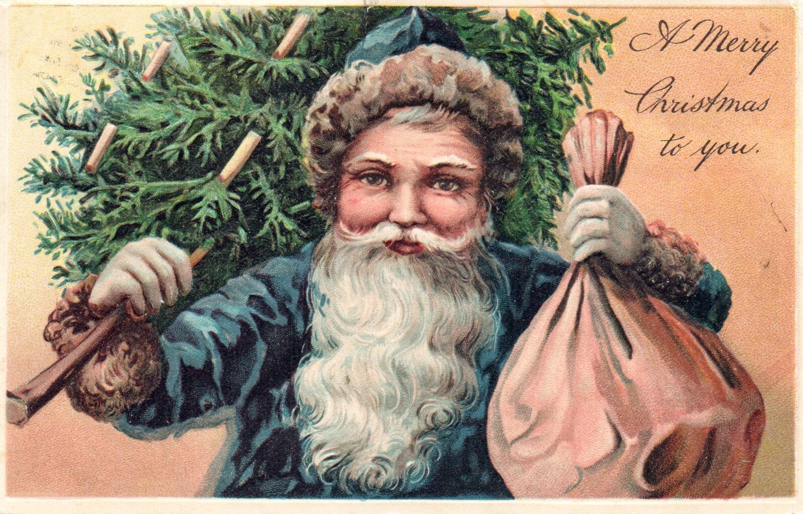 A Merry Christmas To You Santa Carrying Tree and Bag Vintage Santa Postcard