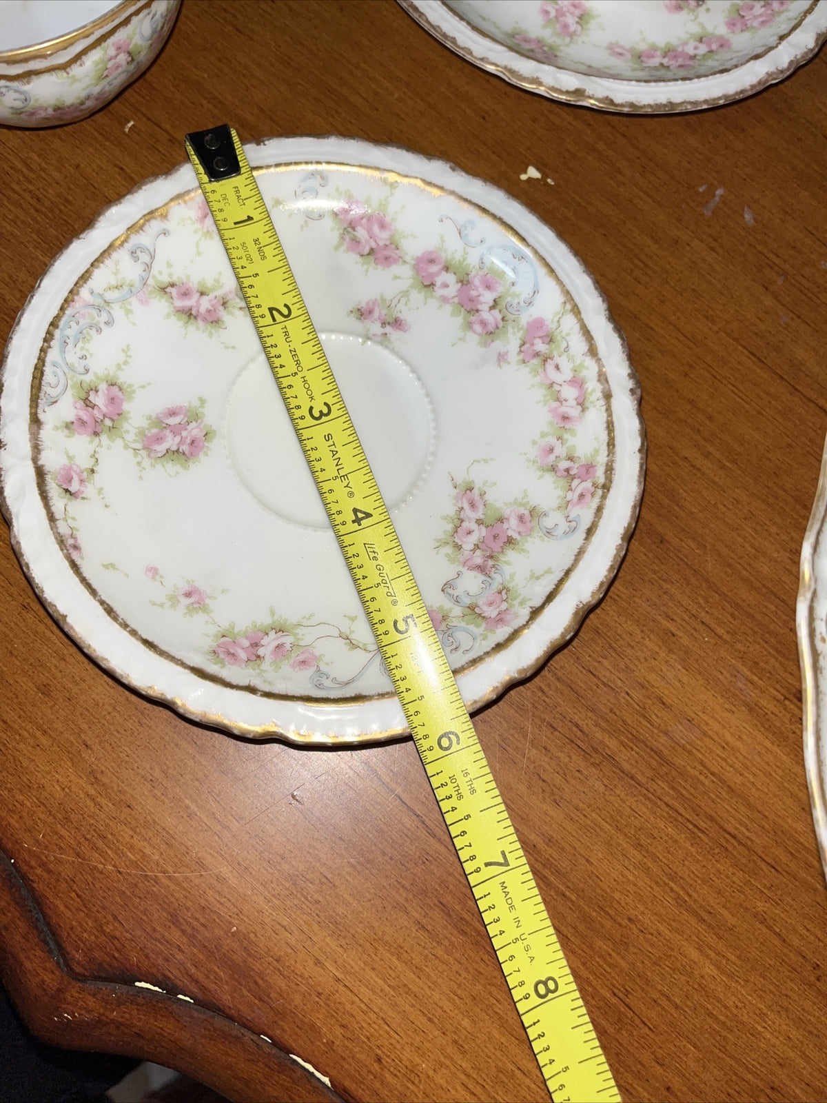 Haviland Limoges 4Tea Cup / Saucer & Serving Bowl- Double Gold Ribbon Flowers