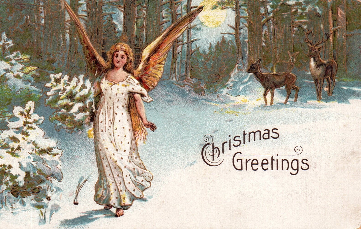 Christmas Greetings Angel in the Woods with Deer Angel Christmas Postcard