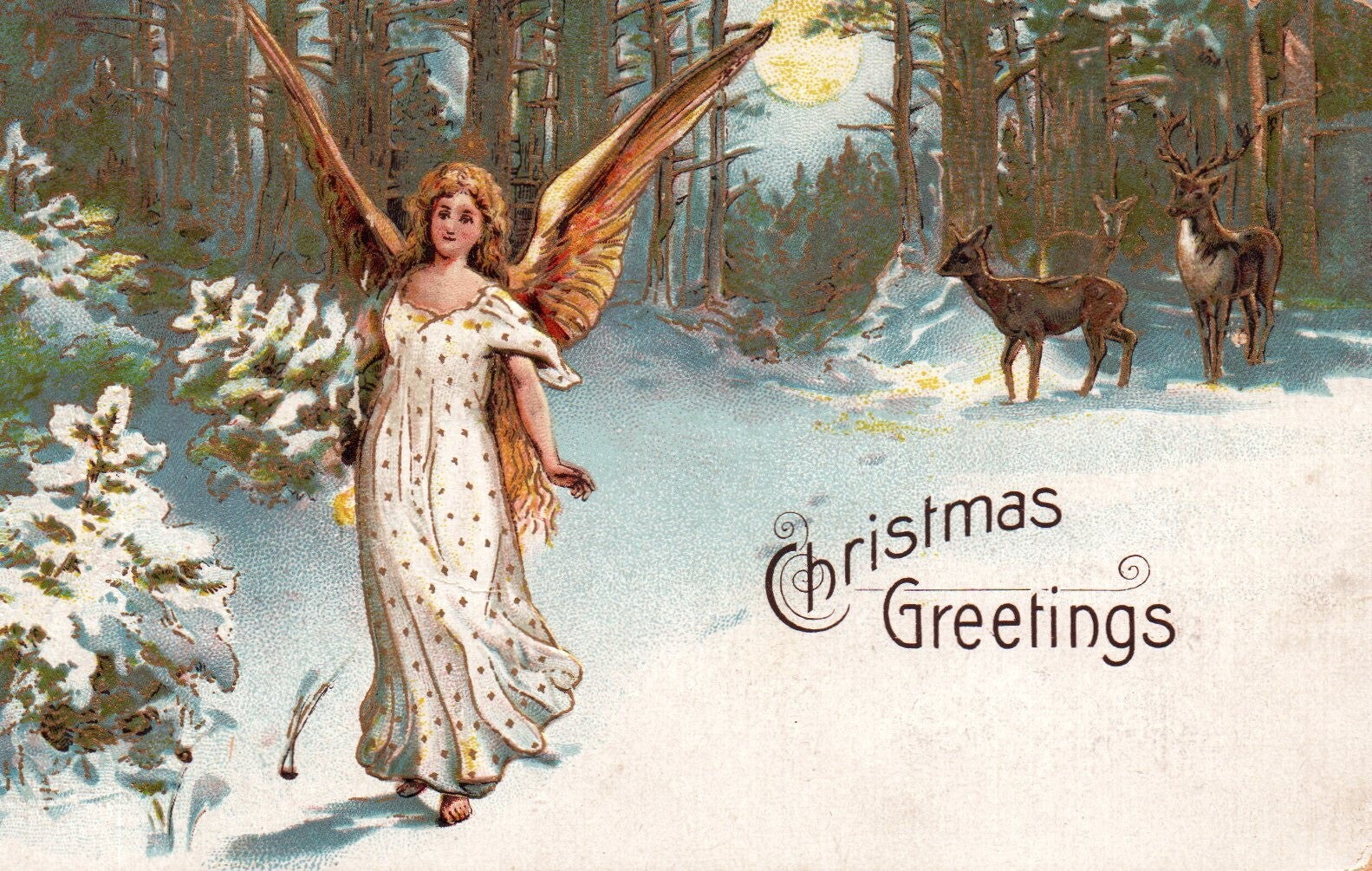 Christmas Greetings Angel in the Woods with Deer Angel Christmas Postcard