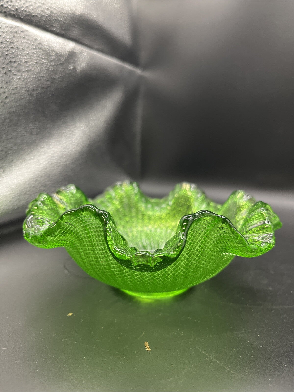 Vintage Green Glass Waffle Pattern Bowl With Ruffled Edge