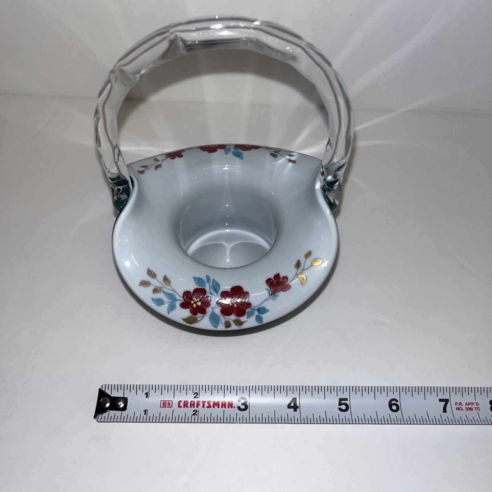 FENTON VINTAGE HAND PAINTED WILD ROSES ON TEAL OVERLAY TOP HAT BASKET LIM. ED.