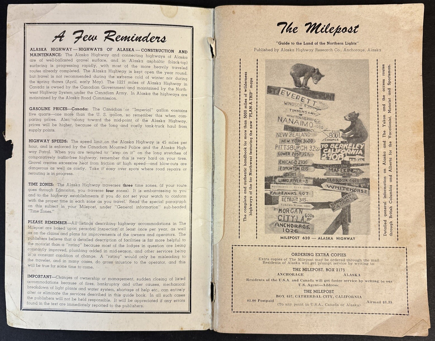 Milepost Directory Guide to Land of Northern Lights March 1953  Booklet