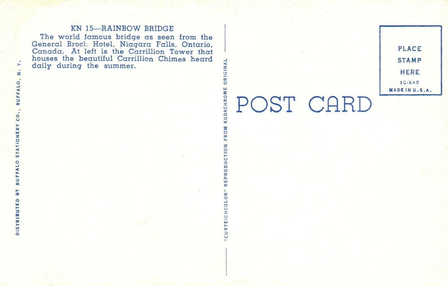 KN 15 Rainbow Bridge Carrillion Tower Bridge Postcard Niagara Falls Ontario 