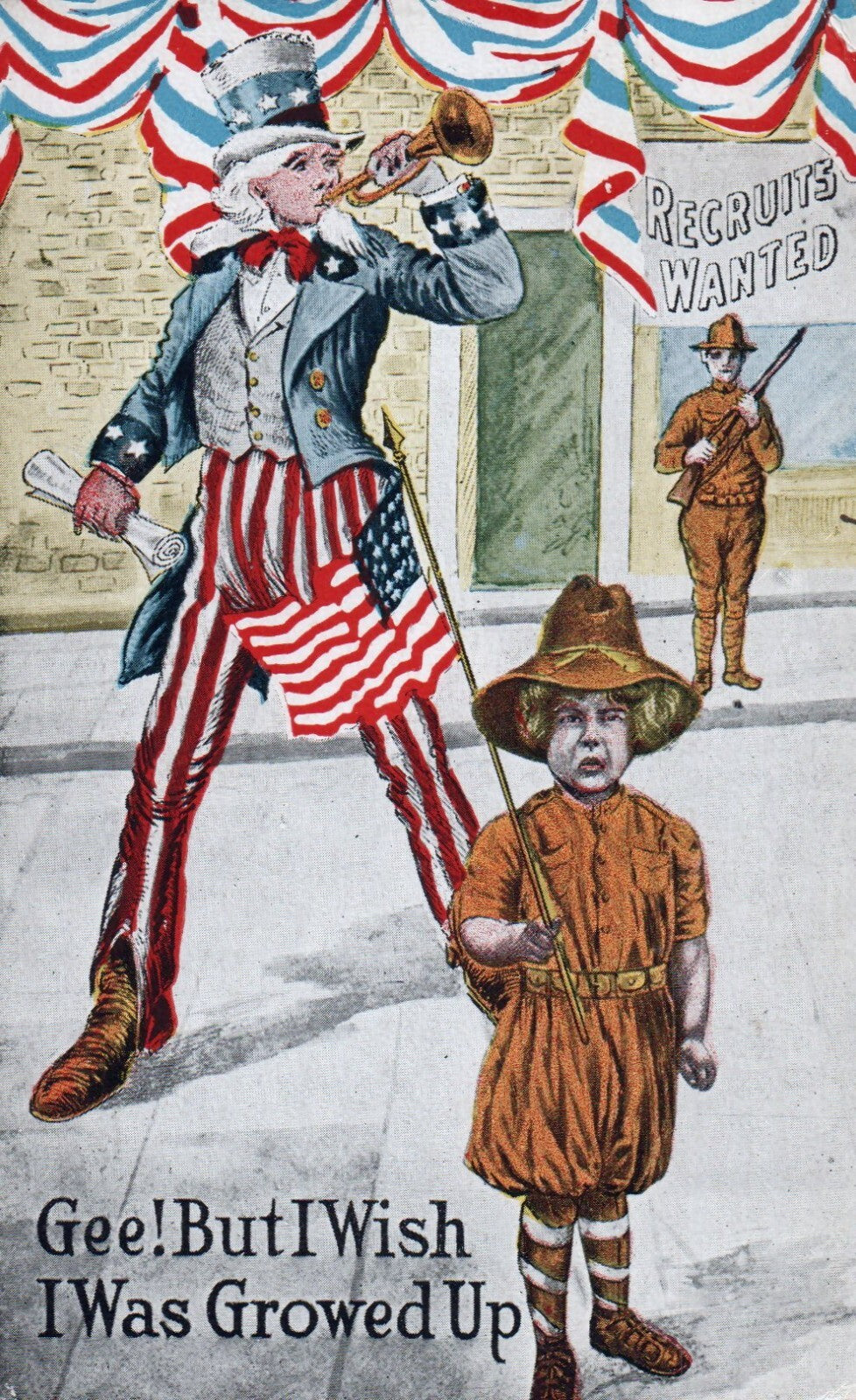 Uncle Sam Recruiting Men for War with Little Boy Vintage Patriotic Postcard