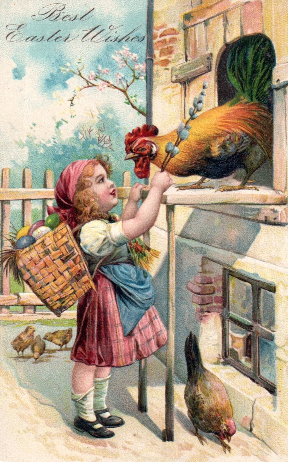 Best Easter Wishes Little Girl With Rooster Vintage Easter Postcard
