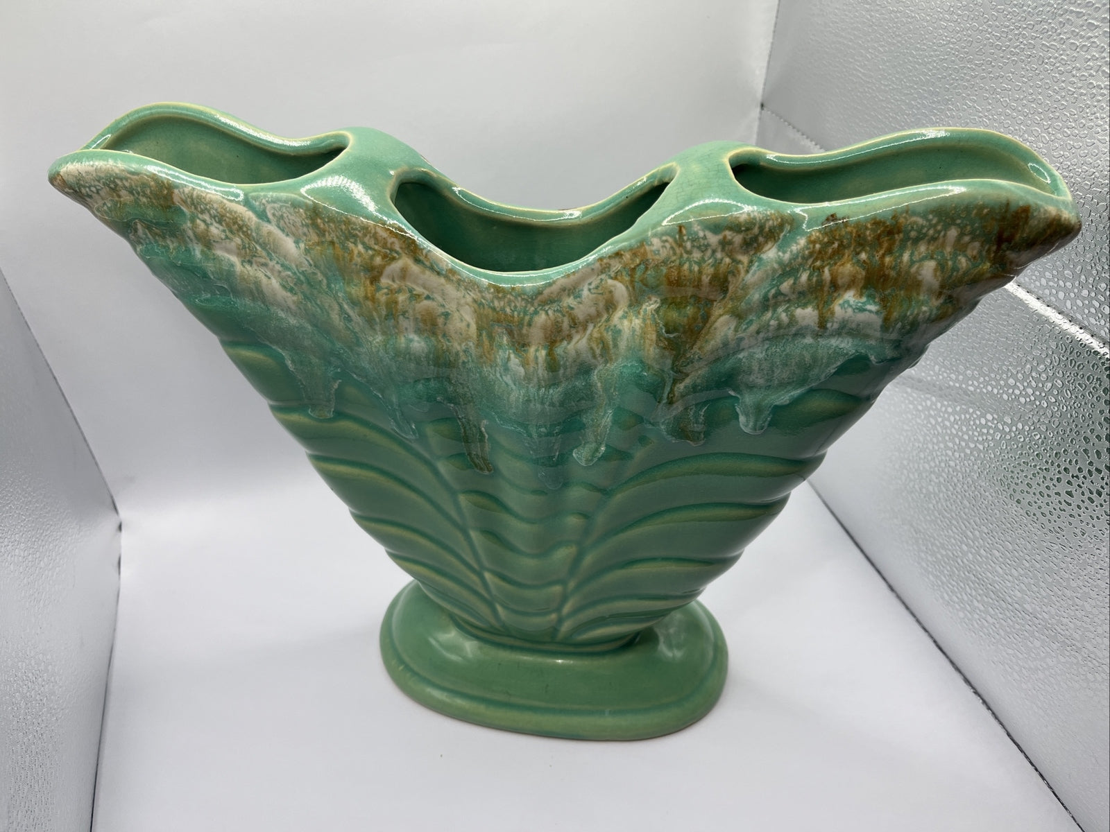 Vintage Roseville Pottery, Triple Drip Fan Vase, Teal green