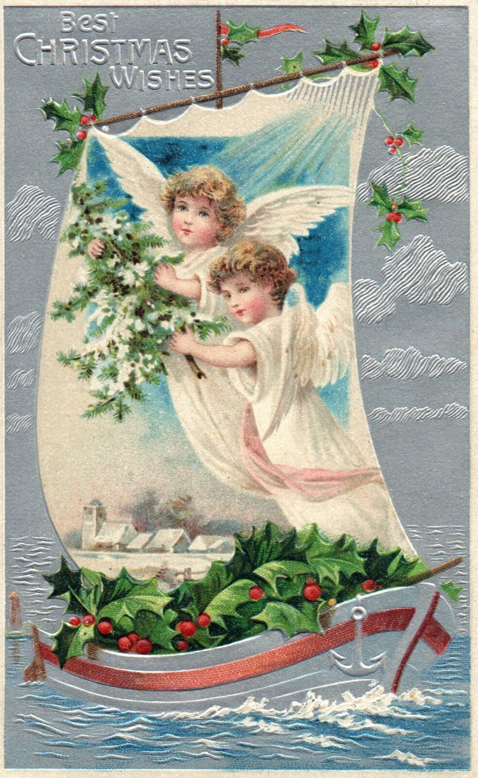 Best Christmas Wishes Angels on Sailboat with Holly Angel Christmas Postcard