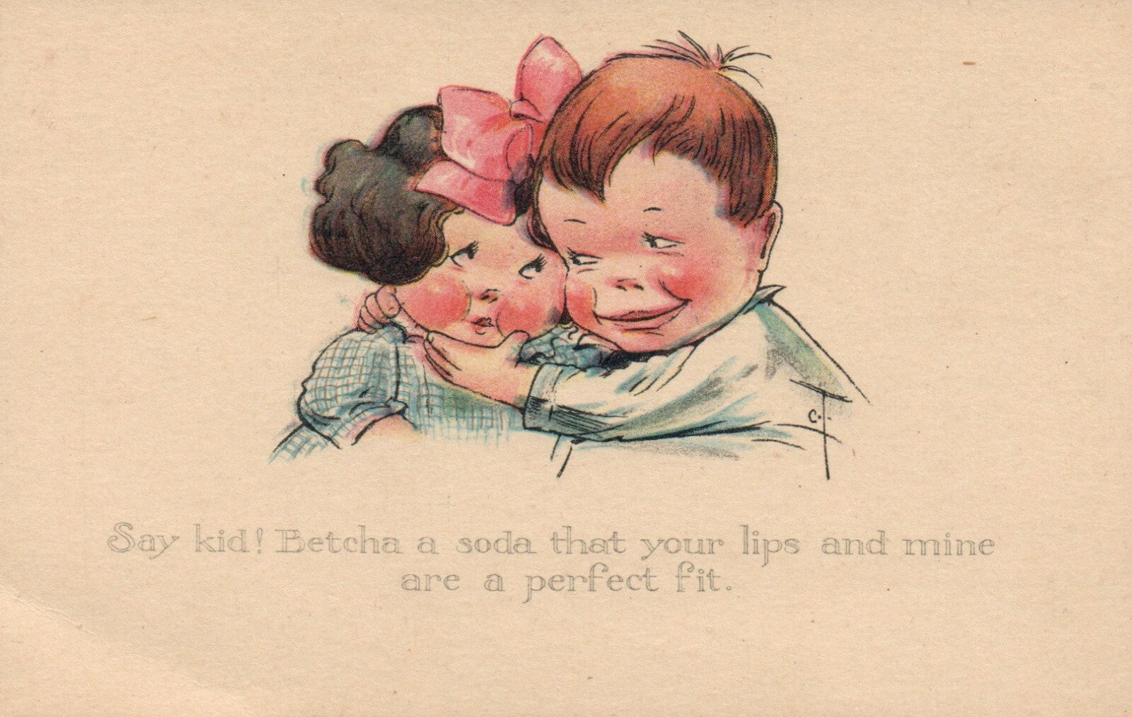 Artist Signed Twelvetrees vintage Valentine "Betcha a soda" Valentines Postcard