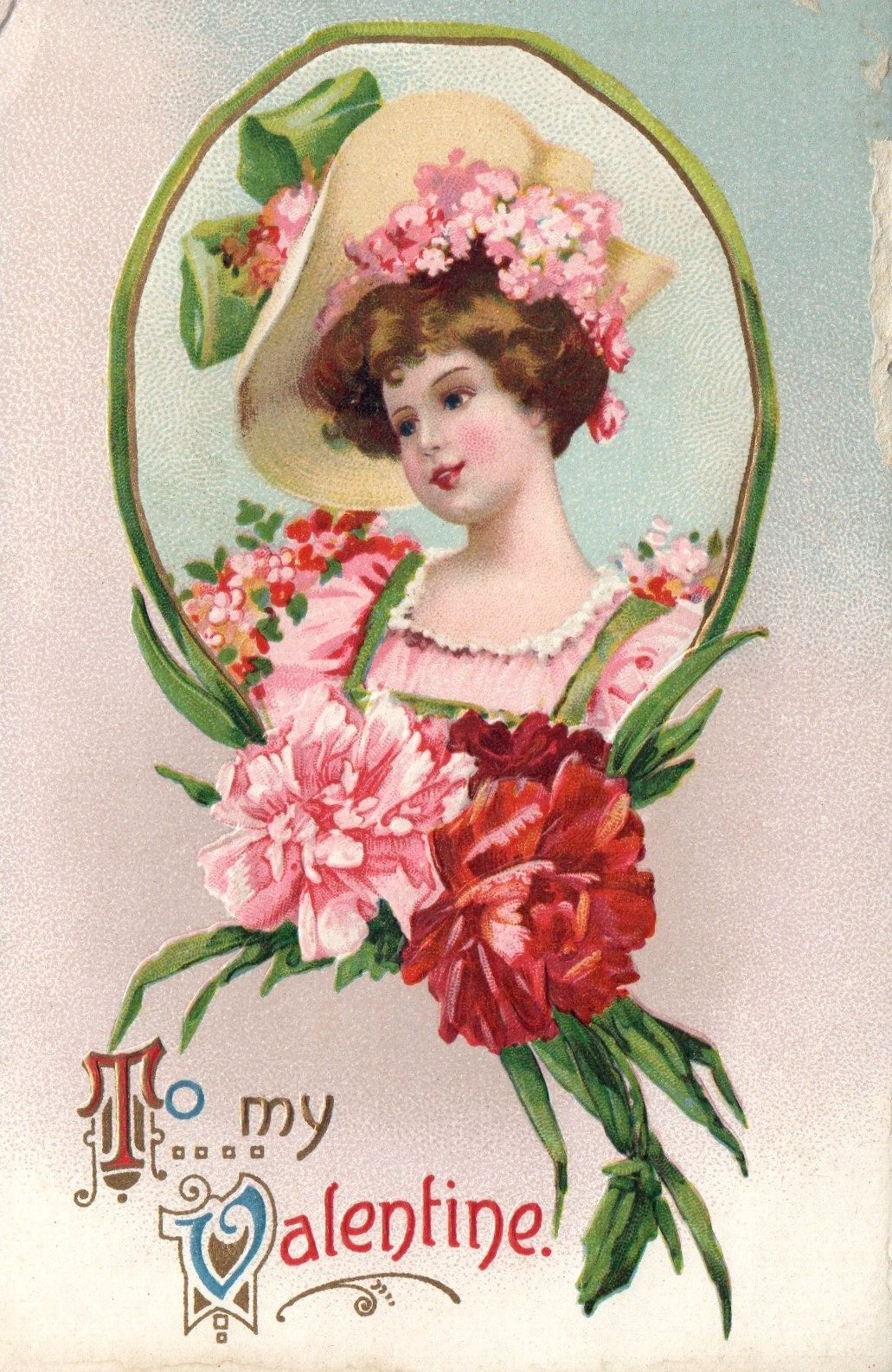 Embossed Beautiful Woman with Floral Hat and Clothing Valentine's Day Postcard