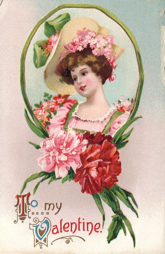 Embossed Beautiful Woman with Floral Hat and Clothing Valentine's Day Postcard