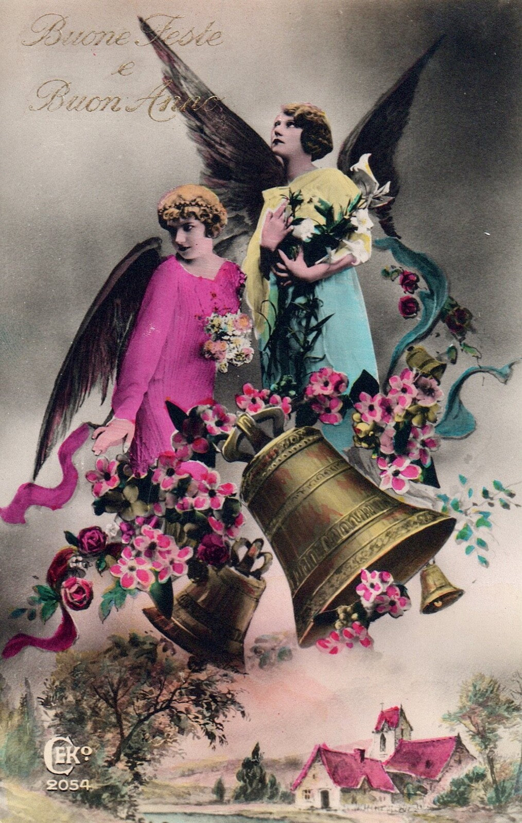 Pastel Angels with Gold Bells Foreign Vintage Easter Postcard