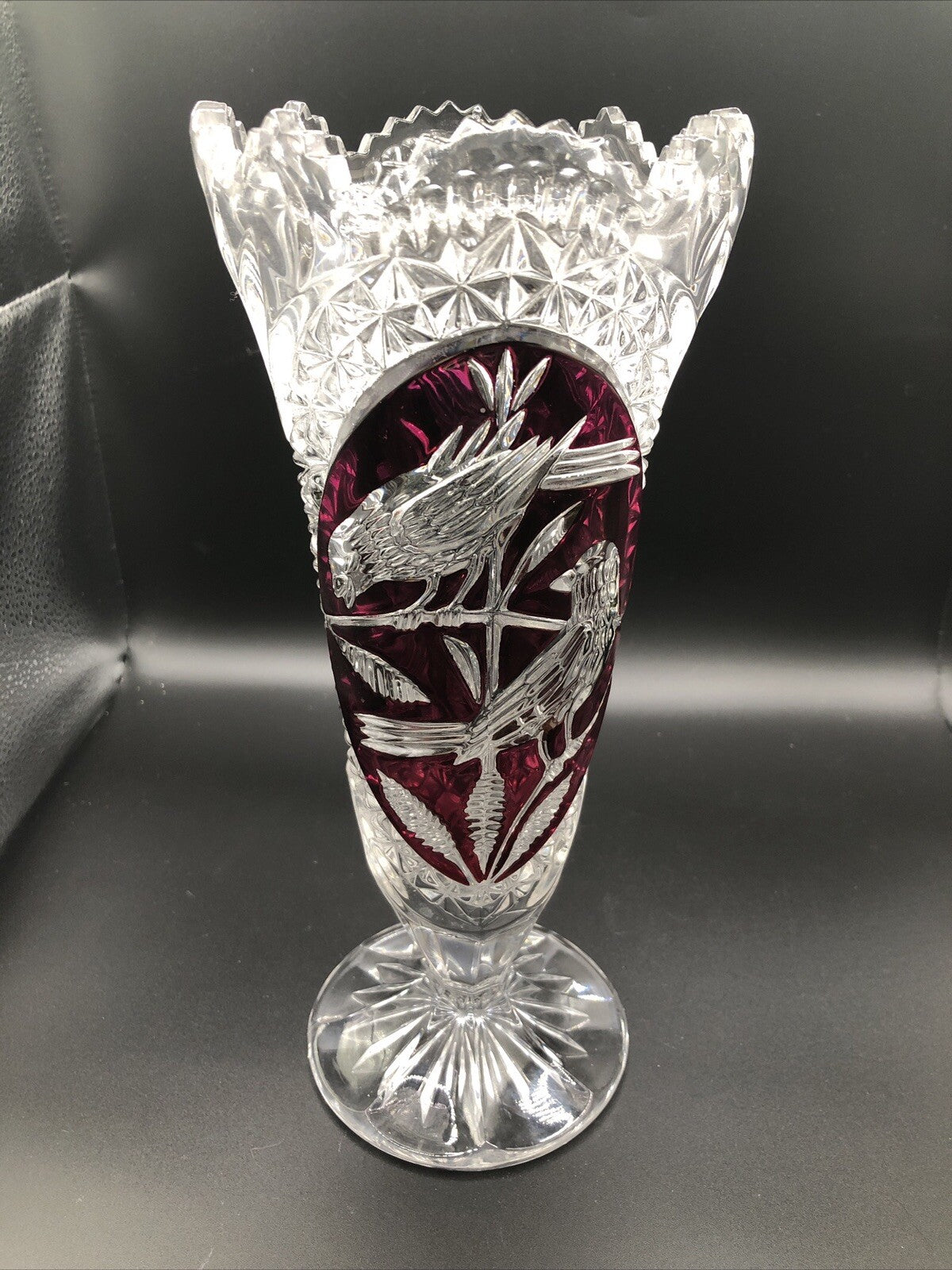 Vintage 1970'S Hofbauer Byrdes Lead Crystal Vase Cut to Clear Red Birds 10.5"
