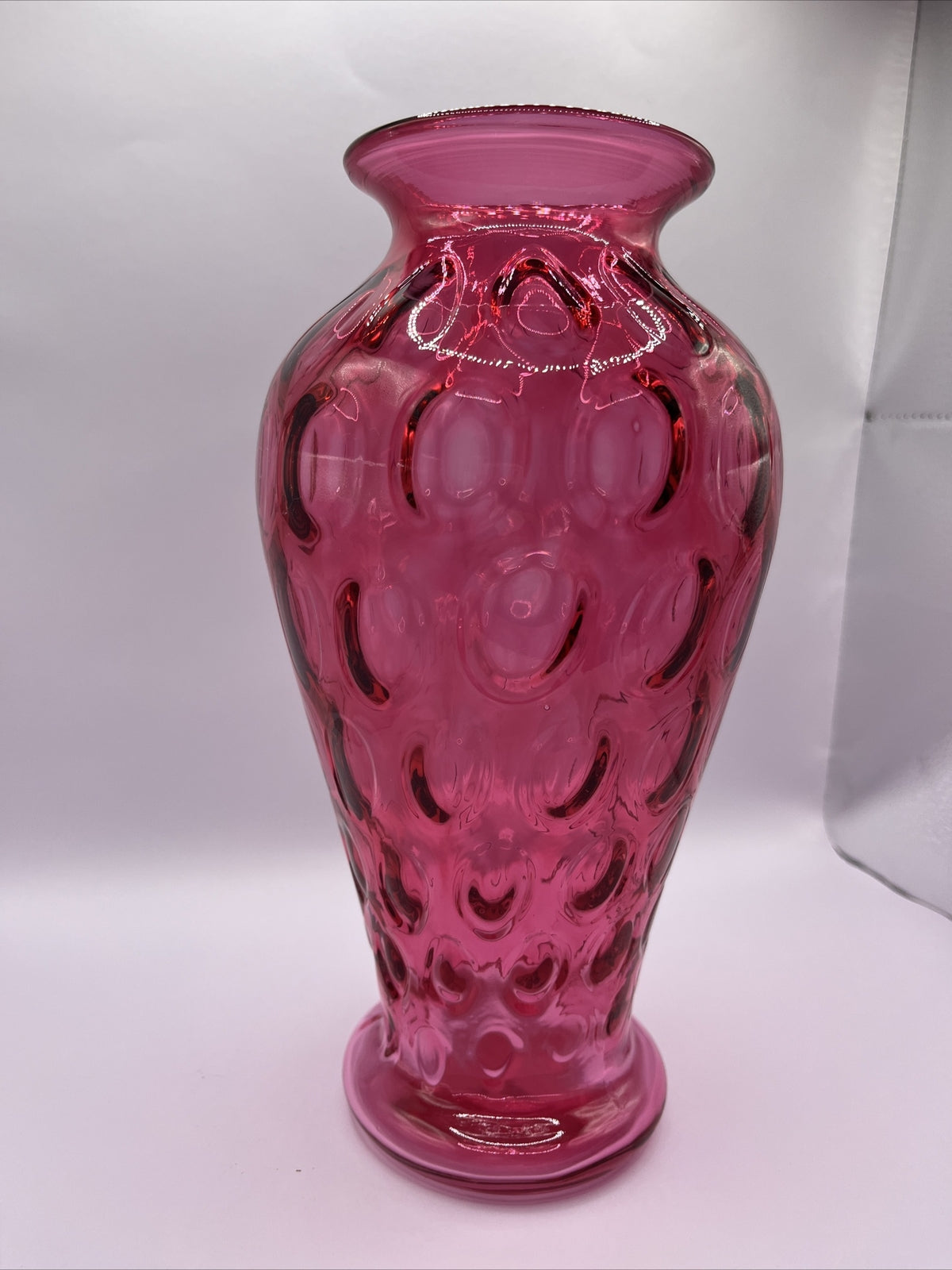 Fenton Cranberry Glass Inverted Thumbprint Vase Original Sticker 9.34”