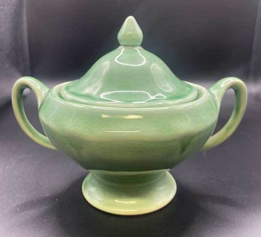 2 Handled Sugar Bowl with Lid Vintage 1930's Mount Clemens Petalware LIGHT Green