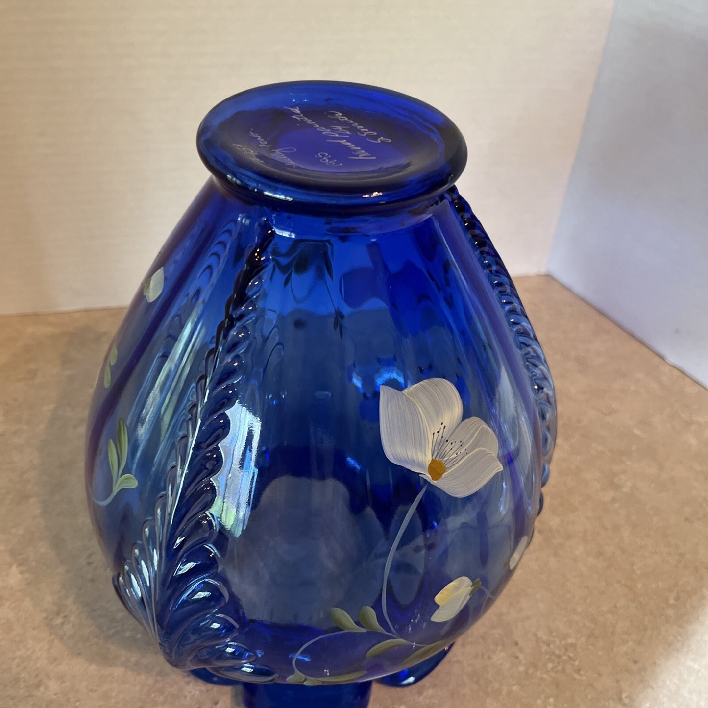 Fenton Glass Cobalt Blue Feathered Belly Vase Signed Shelly Fenton Hand Painted