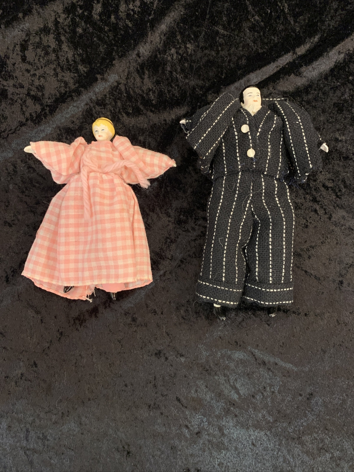 Vintage SULK Dolls Man with Oversized Suit Woman  Pink Plaid Dress Tiny Head