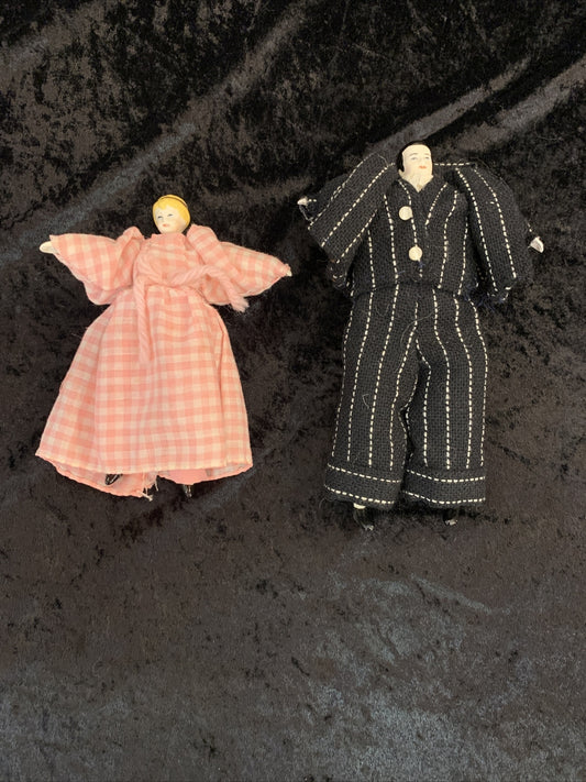 Vintage SULK Dolls Man with Oversized Suit Woman  Pink Plaid Dress Tiny Head