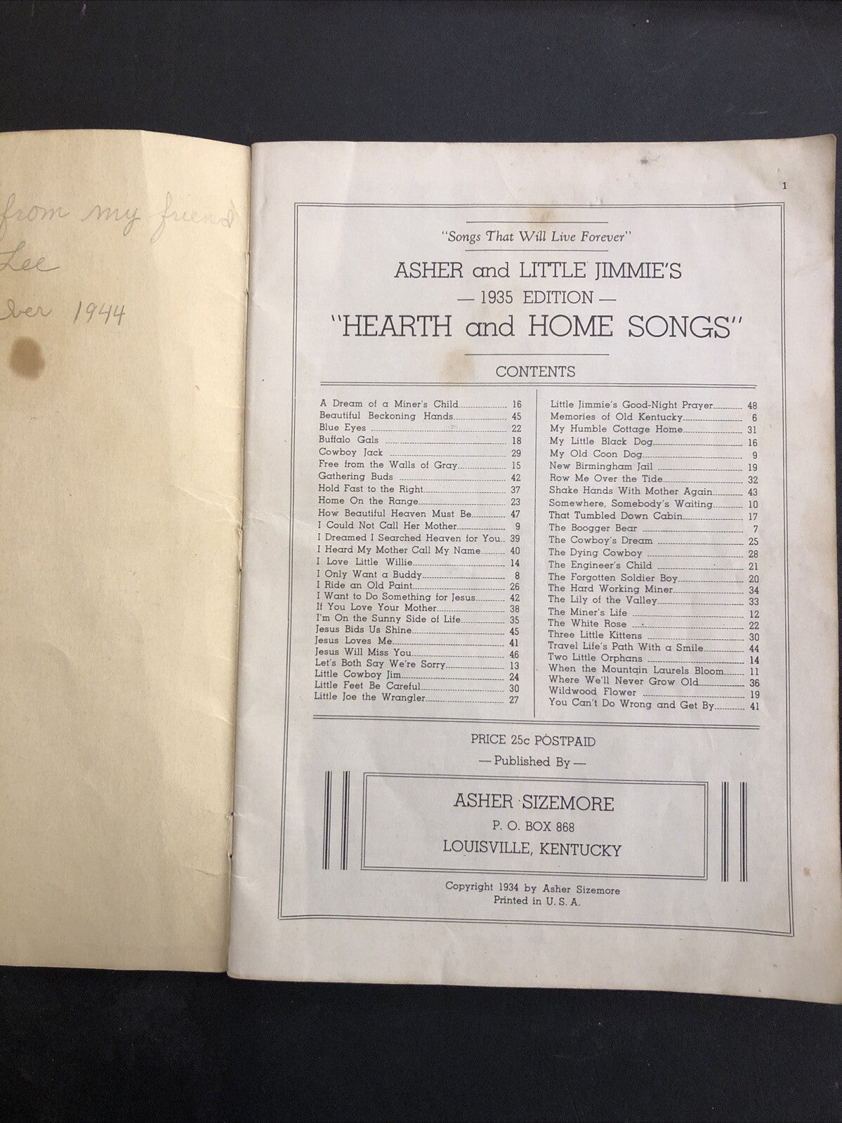 Lot of 3 booklets Asher Sizemore & Little Jimmie's, Cowboy Songs, Lucky Old Sun