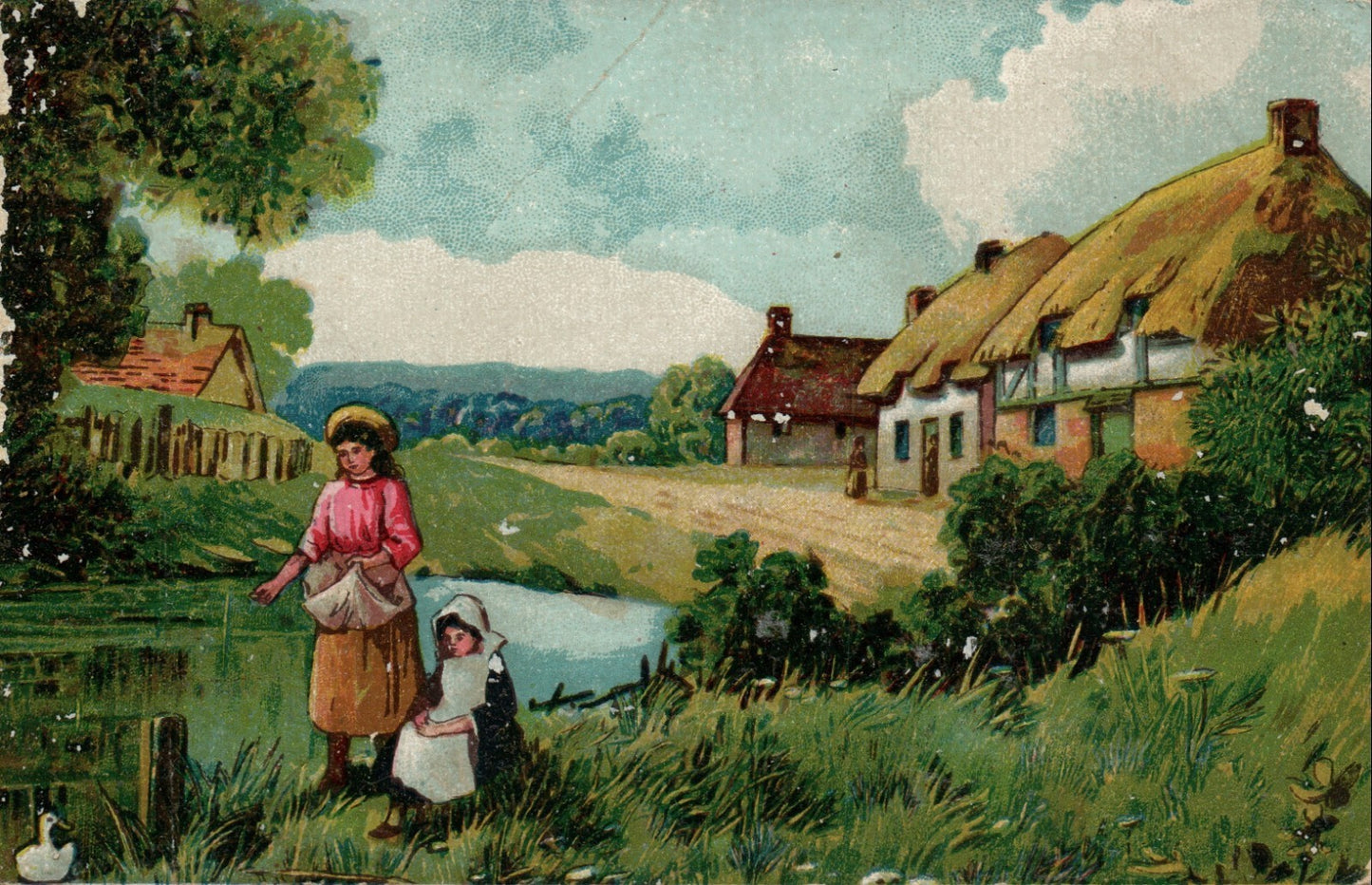 Village Dutch Girls Feeding Duck Pond Vintage Postcard