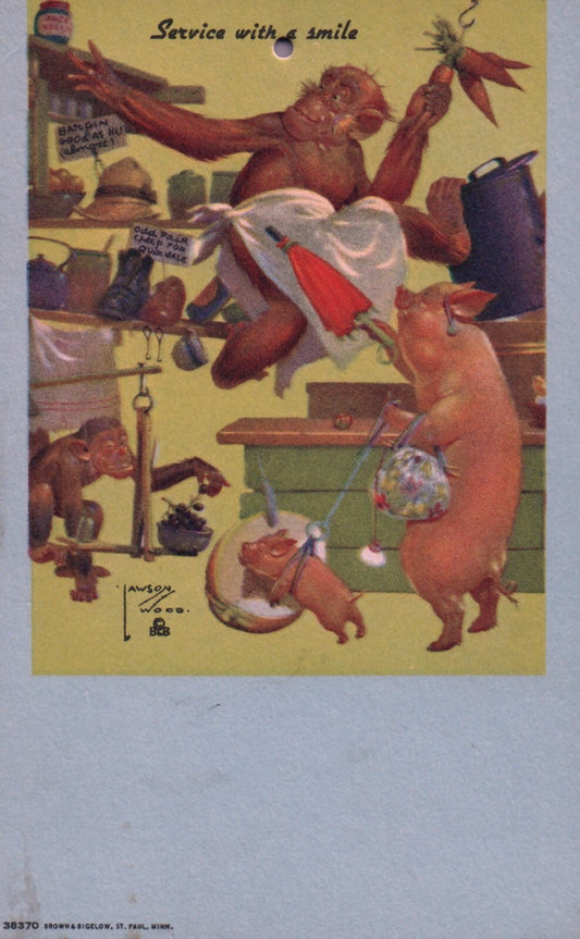 "Service with a Smile" Monkeys and Pigs Artist Signed Monkey Animal Postcard
