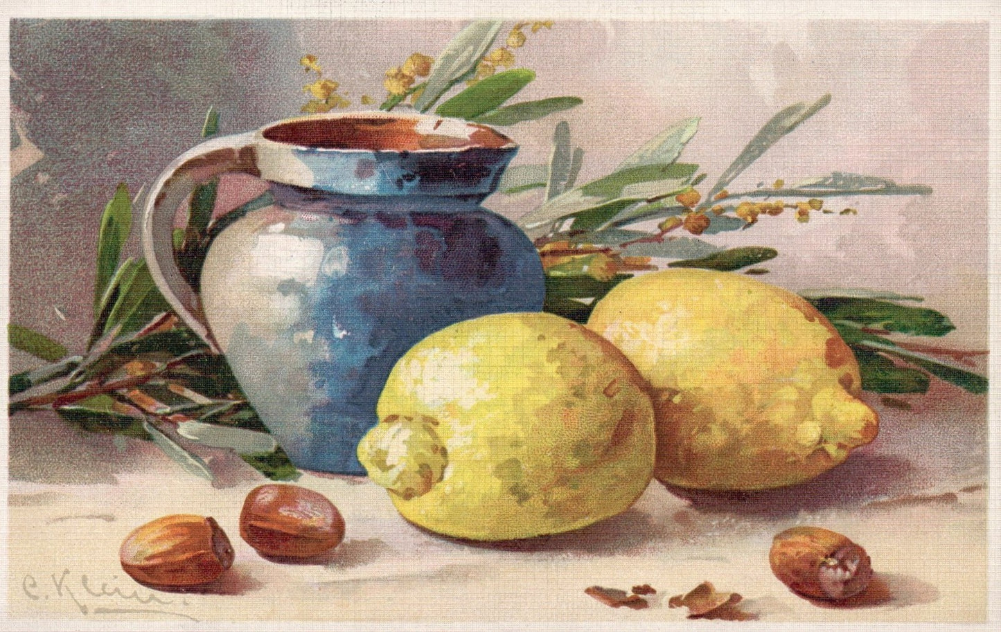 Artist  Signed Catherine Klein Fruit and Blue Pitcher