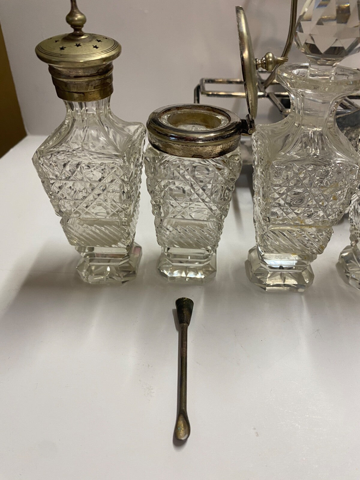 Antique 1900's Silver Plated Cruet 6 Piece Set & Carrier Salt Pepper Sugar &More