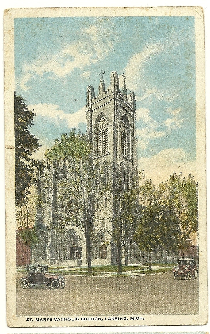 St Mary's Catholic Church Lansing Old Cars MI Michigan  Postcard