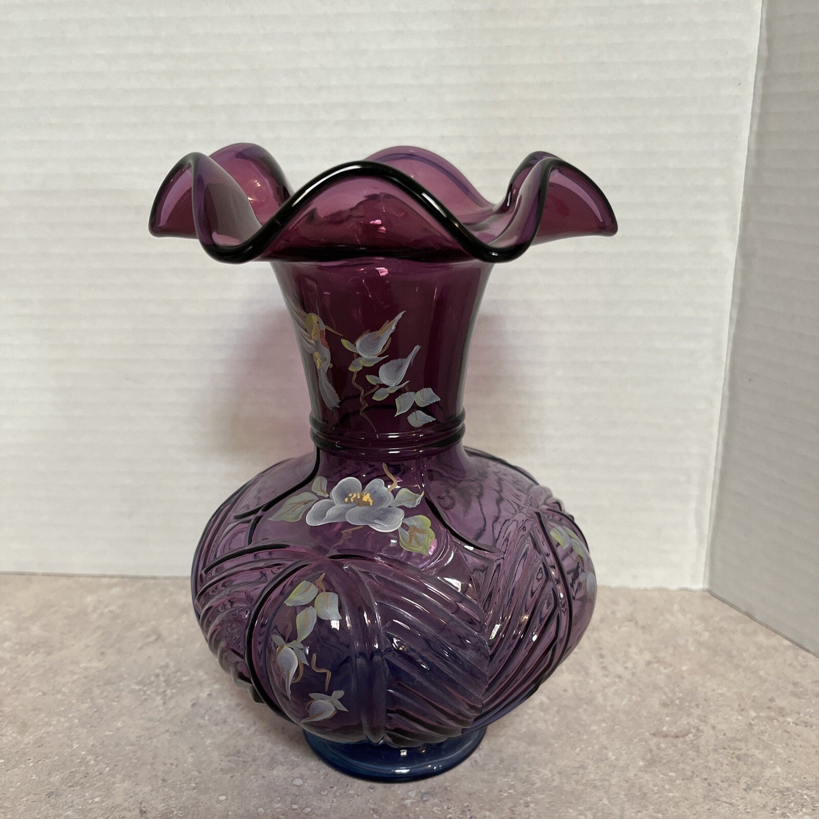 Fenton mullberry Melon Vase  H/P Floral Design, numbered & signed