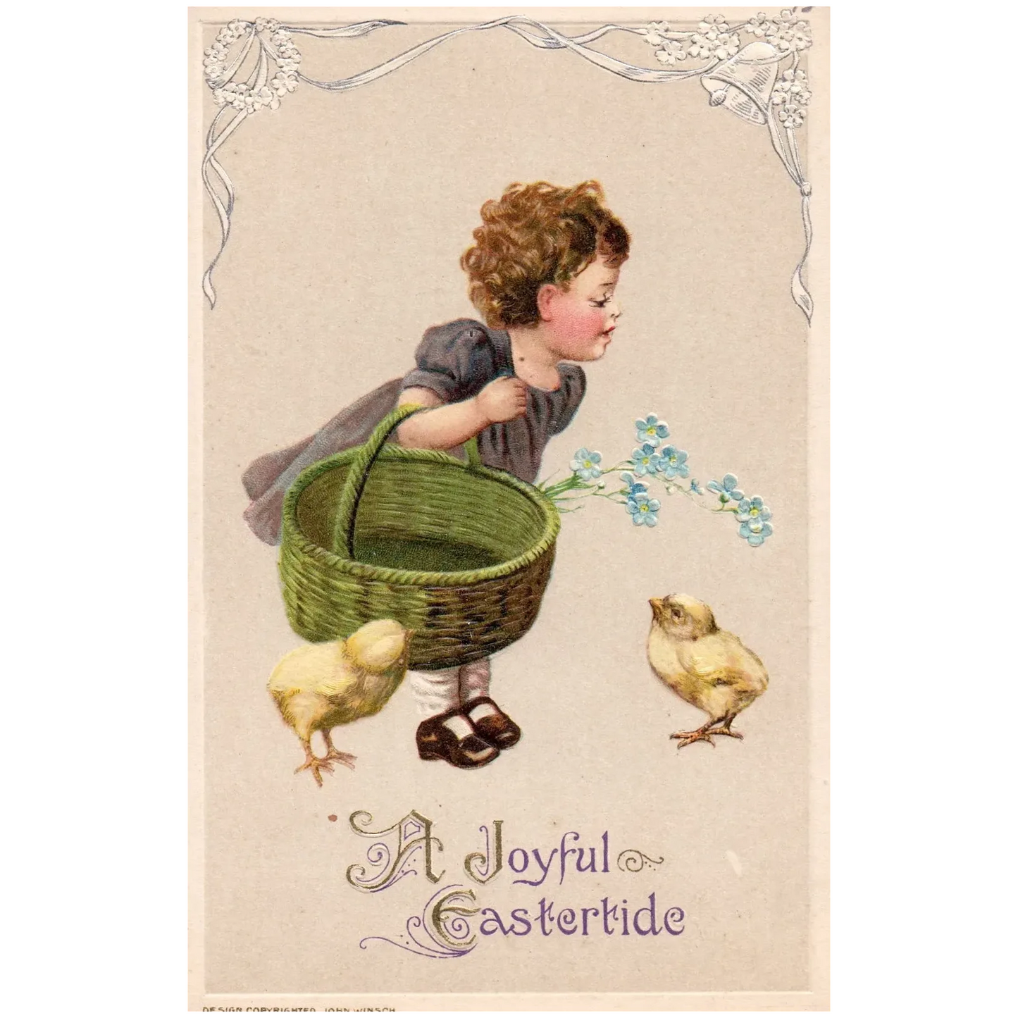 John Winsch A Joyous Easter Tide Little Girl with Flowers & Chick Postcard
