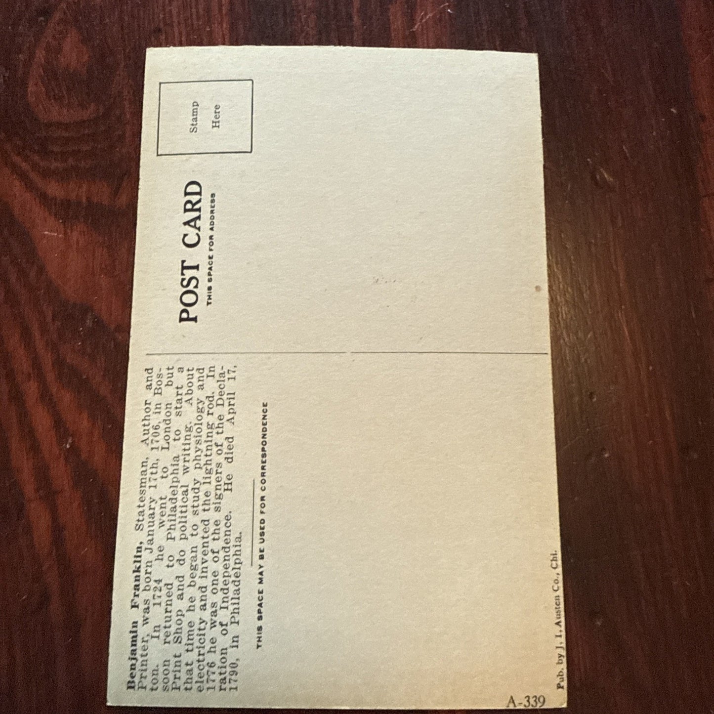 Benjamin Franklin J I Austen Postcard PEGASUS Arts Theater Writing 1910's Scarce