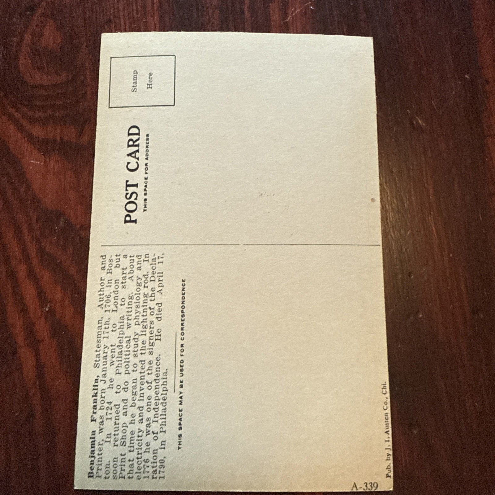 Benjamin Franklin J I Austen Postcard PEGASUS Arts Theater Writing 1910's Scarce