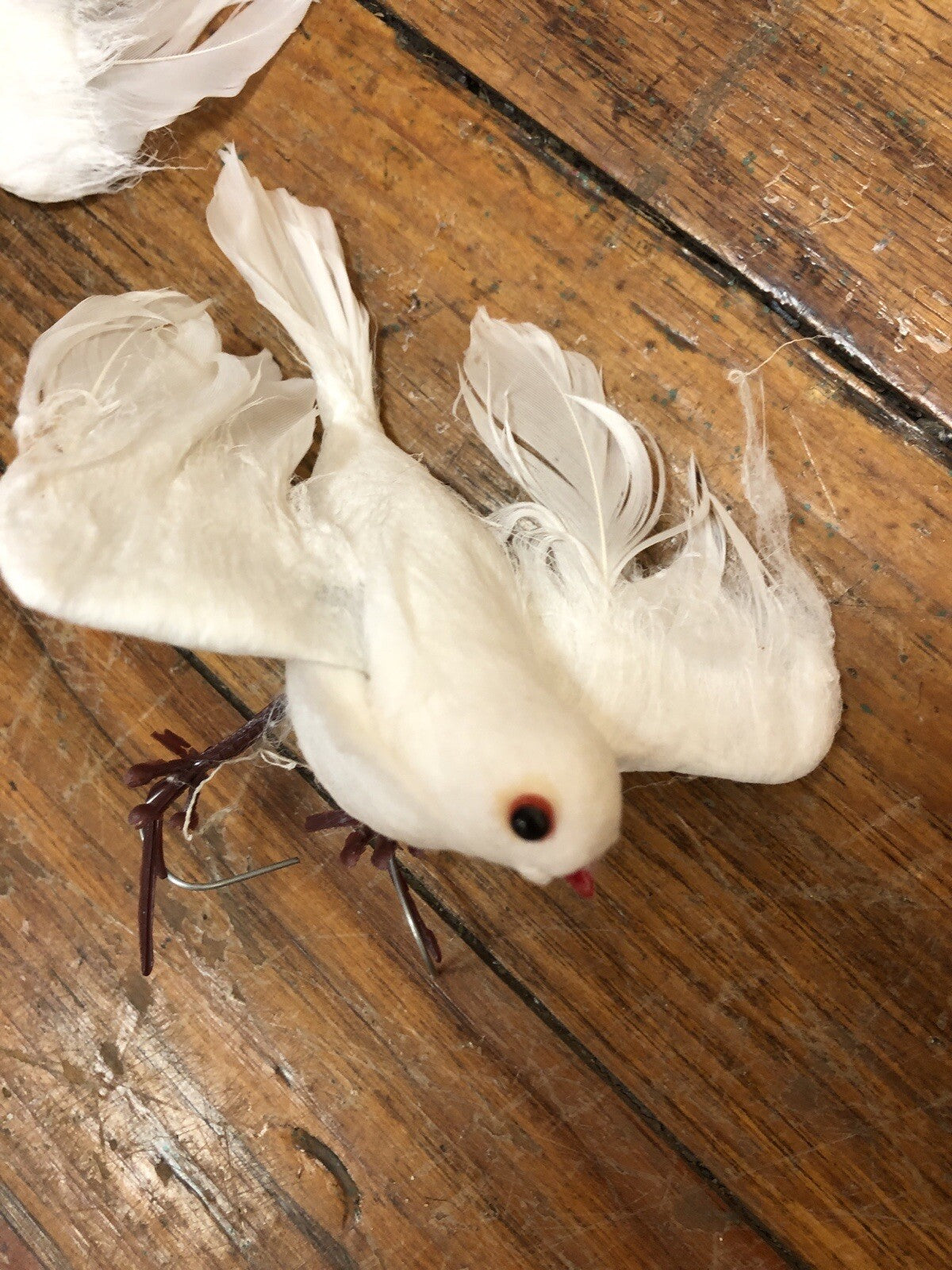 Vintage Christmas Wired DOVES Birds White Real Feathers Holiday Flocked