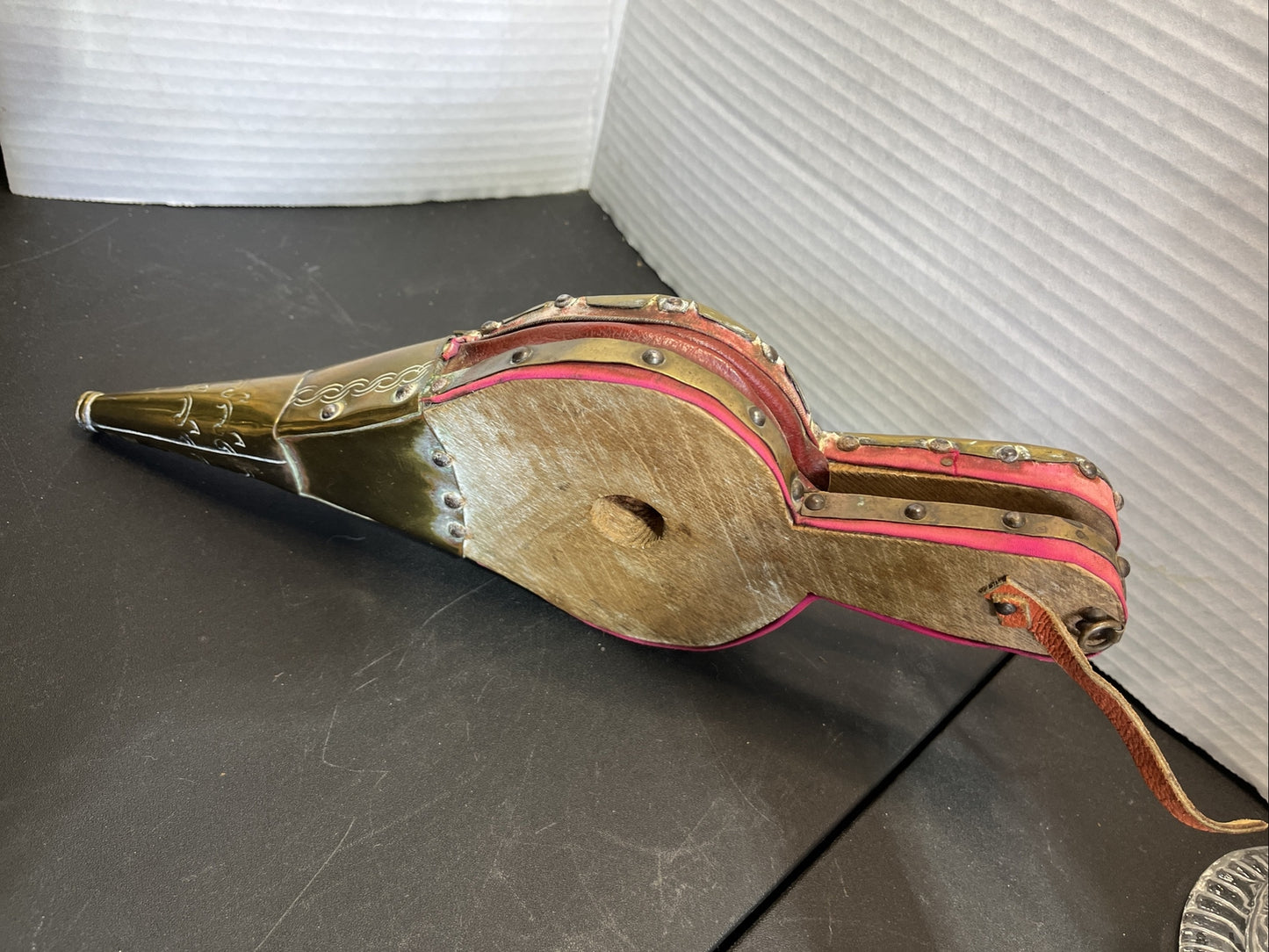 Antique French Handmade Repousse Brass Wood Fireplace Bellow