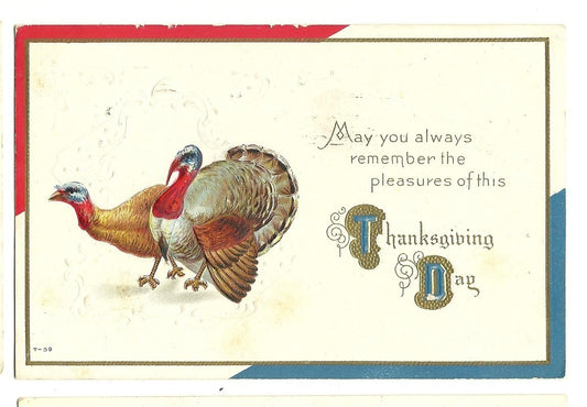 Vintage May You Always Remember Patriotic Thanksgiving Two Turkeys Postcard T-59