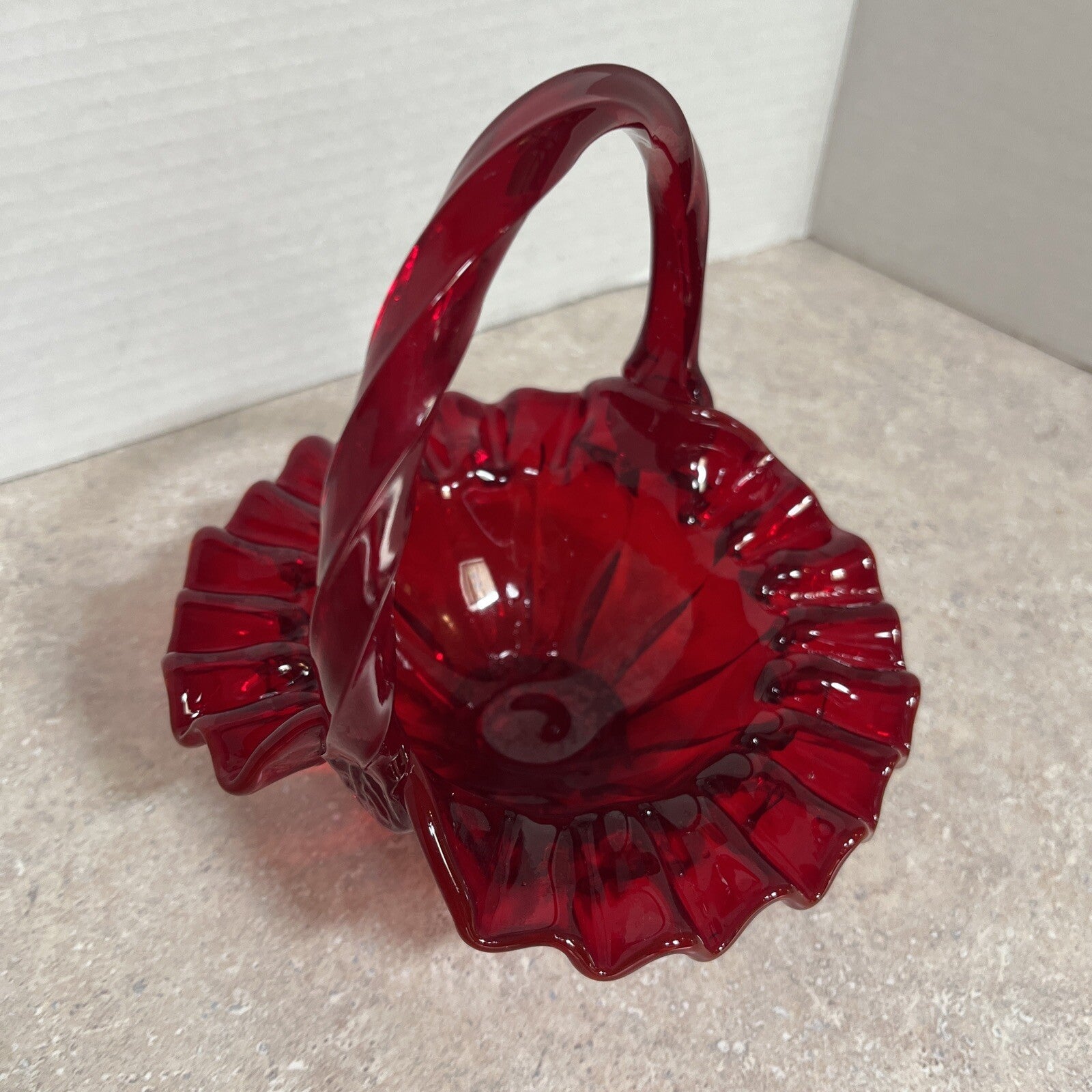 Vintage Fenton Ruby Red Smooth Glass Basket Ruffled Edges Twisted Handle