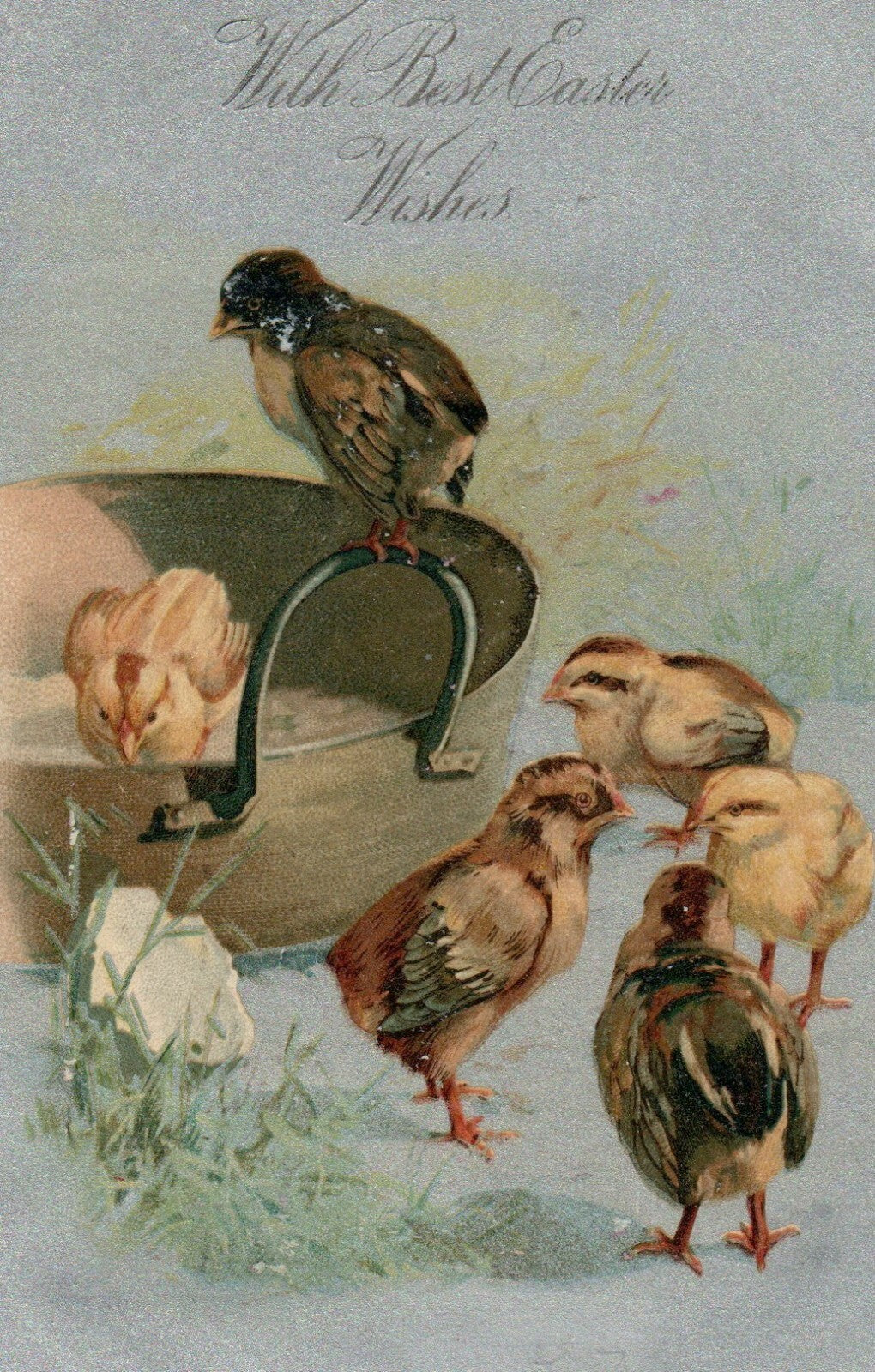 Nash Silver Metallic Chicks Hatching and Feeding Happy Easter Postcard