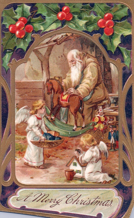 A Merry Christmas Santa In Workshop Making Toys Vintage Santa Postcard