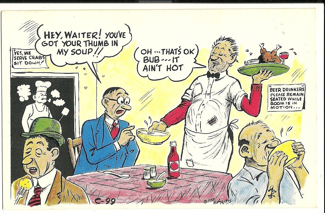 Restaurant Waiter Has Thumb in Soup Artist Signed Bob Petley Comic C-99 Postcard