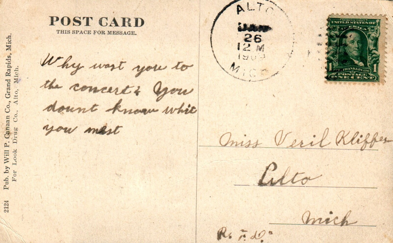 Main Street in Alto Michigan Postcard