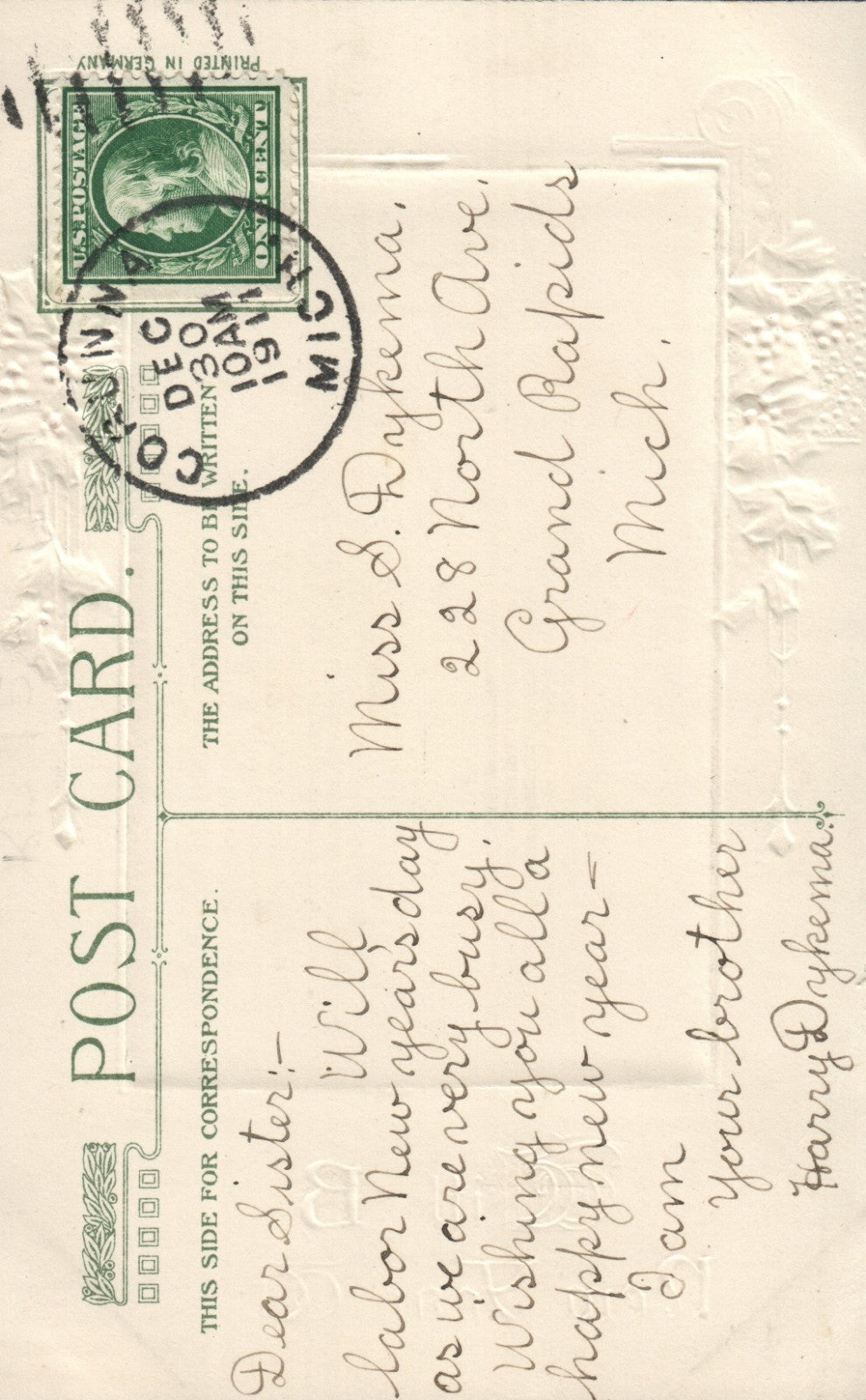 New Year Wishes Winter Holly Snow Scenic Vintage Postcard