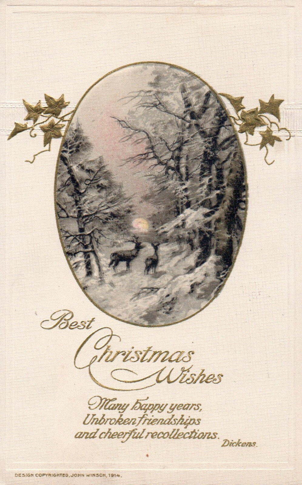 John Winsch Best Christmas Wishes Deer in Snowy Forest Vintage Postcard