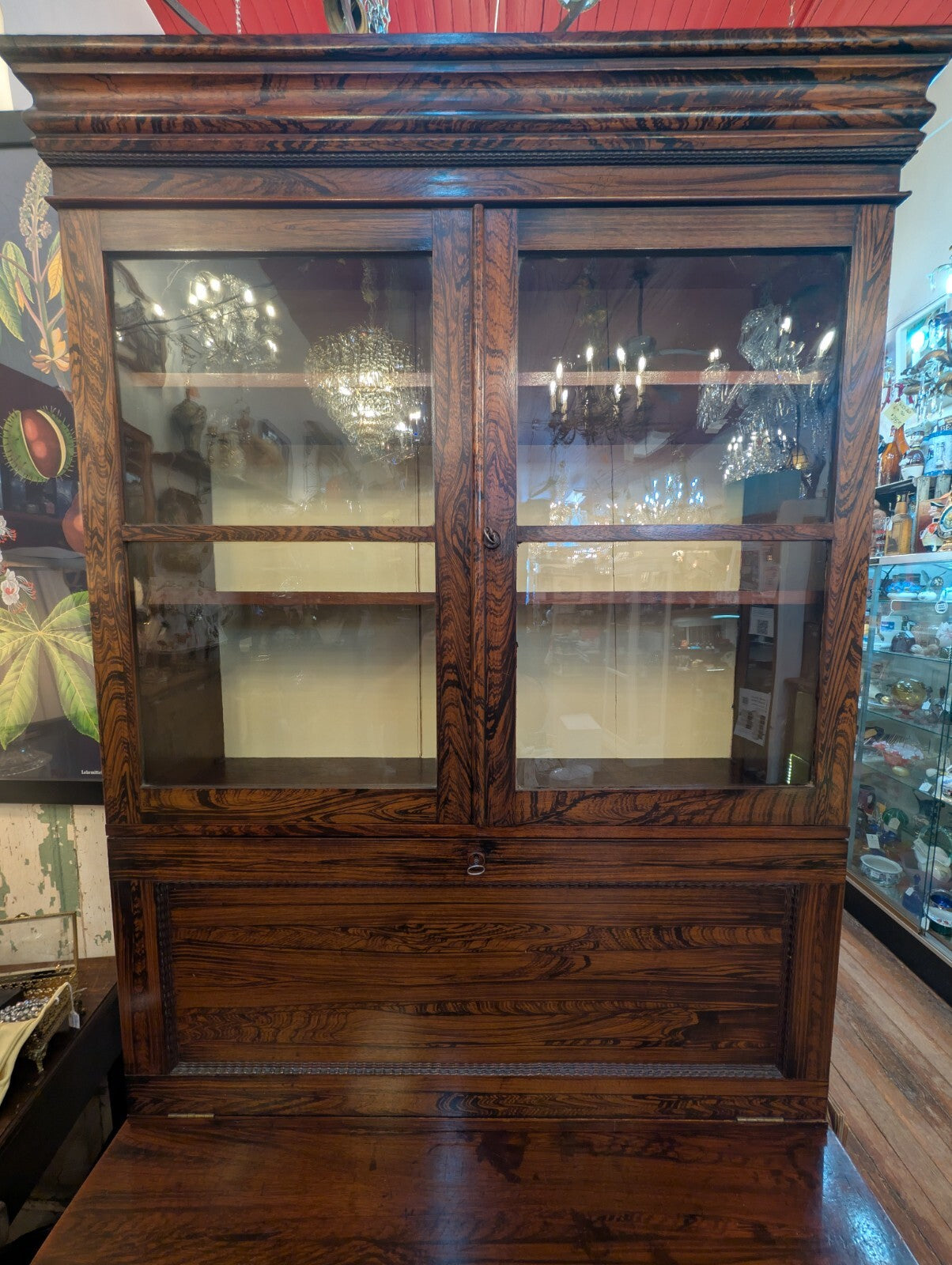 Victorian Antique Rosewood Grained Walnut Secretary Desk & Bookcase