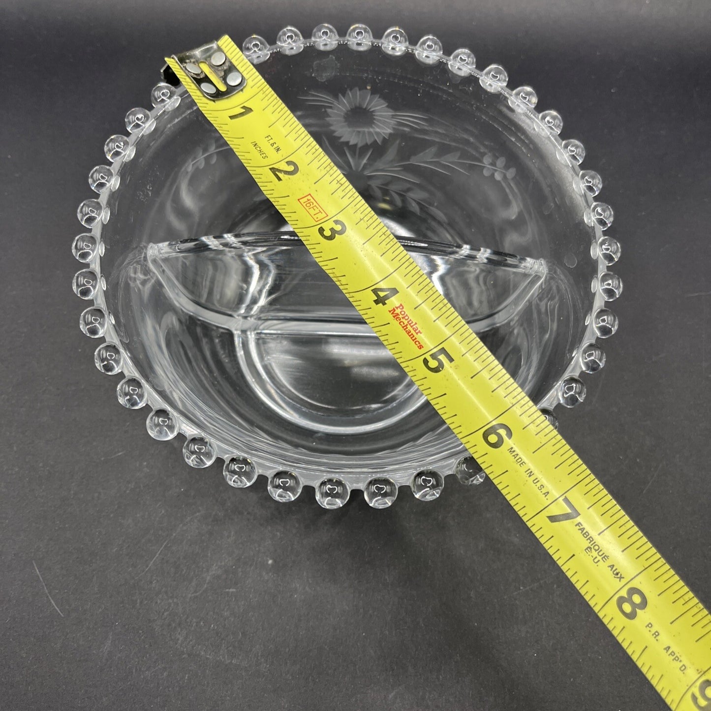 Imperial Candlewick Elegant Glass FLORAL ETCHED DIVIDED BOWL 3 1/2" T, 6 1/2" W