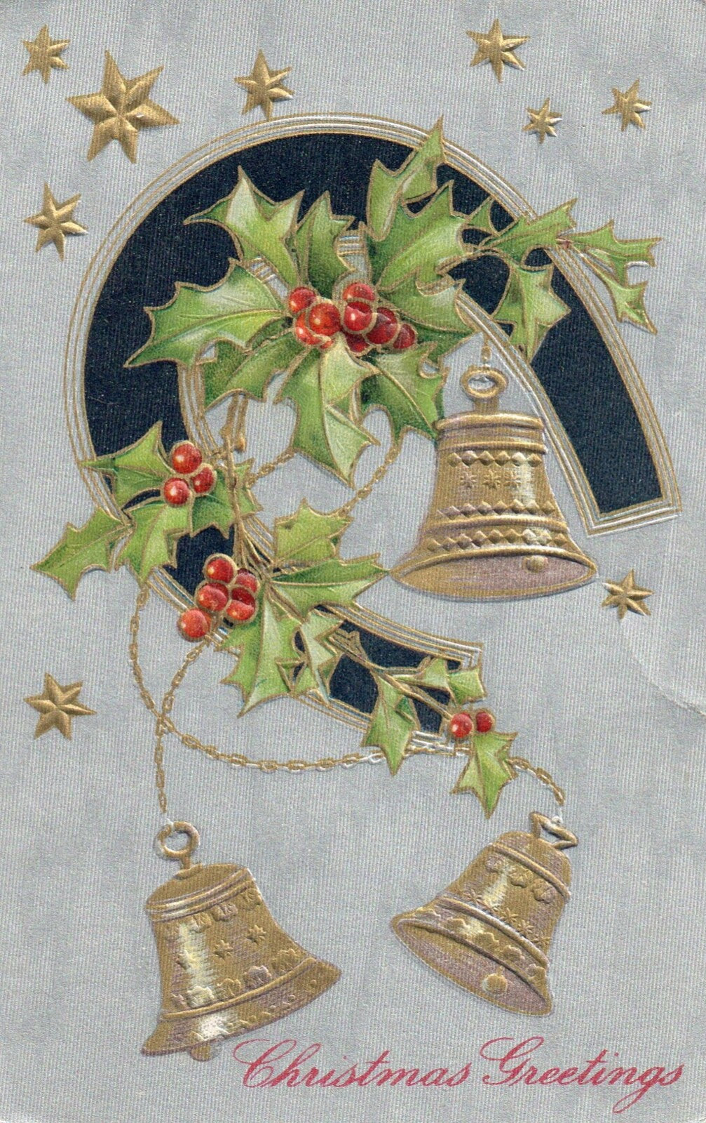 John Winsch Christmas Greetings Bells & Holly Gold Embosses Vintage Postcard