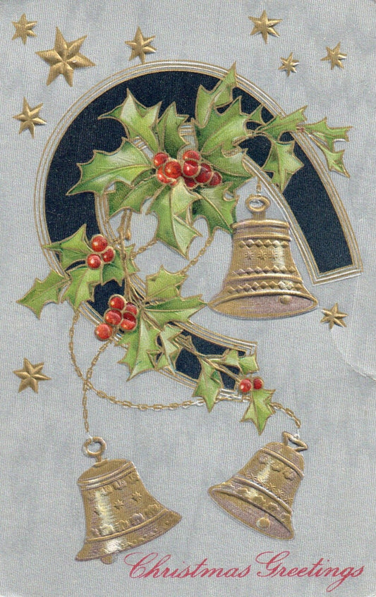 John Winsch Christmas Greetings Bells & Holly Gold Embosses Vintage Postcard