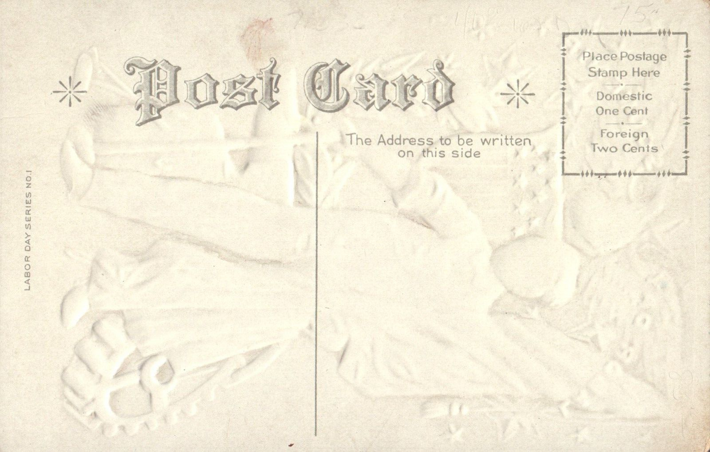 Patriotic Labor Day Souvenir Postcard Man Boy Holding Flag & Anvil Golden Eagle