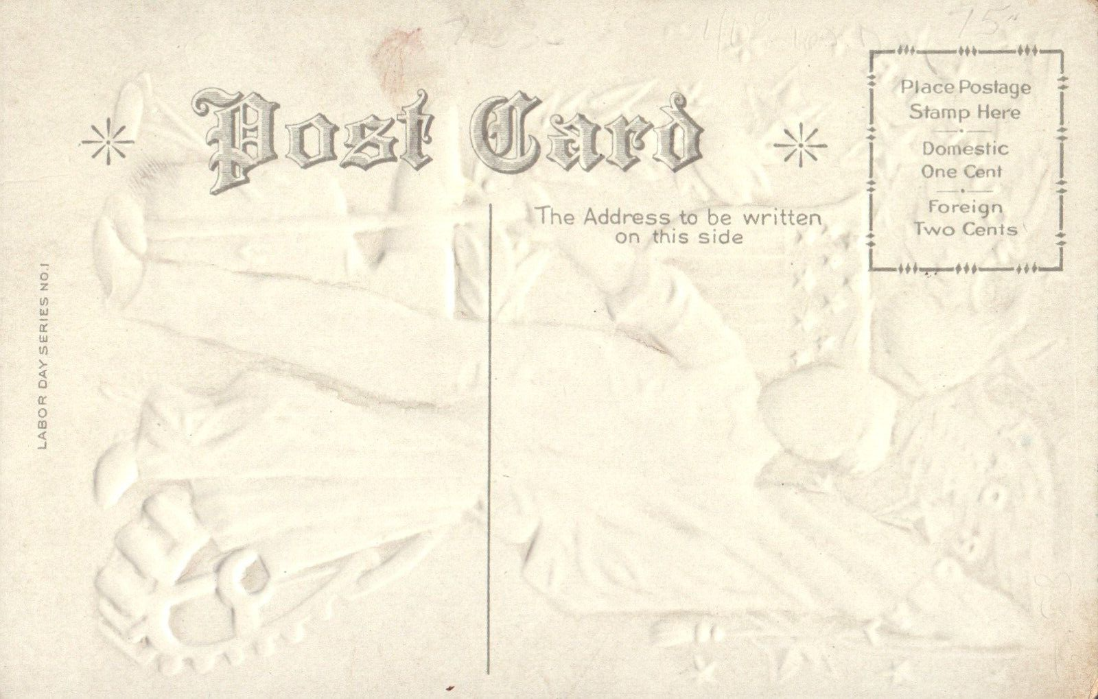 Patriotic Labor Day Souvenir Postcard Man Boy Holding Flag & Anvil Golden Eagle